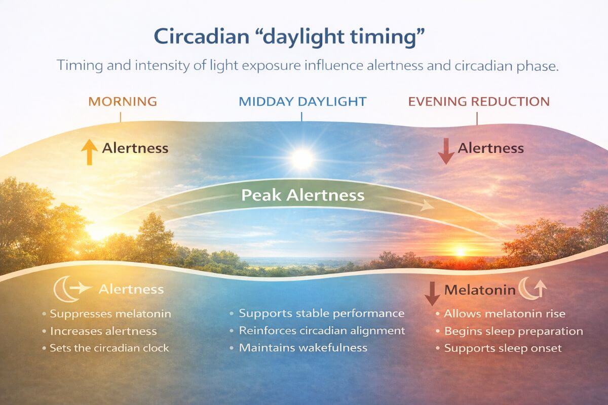 infographic showing circadian rhythm timing across morning, midday, and evening light exposure and evening light reduction with overlays indicating alertness peaks and melatonin production timing