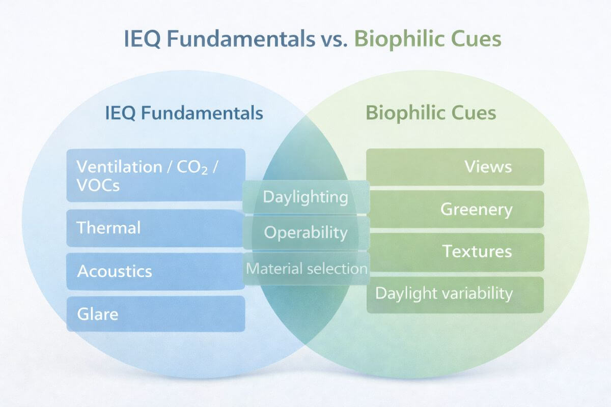 16:9 Venn diagram comparing Indoor Environmental Quality fundamentals (ventilation, thermal comfort, acoustics, glare control) with biophilic cues (views, greenery, natural textures, daylight variability), highlighting overlap areas such as daylighting, operability, and material selection