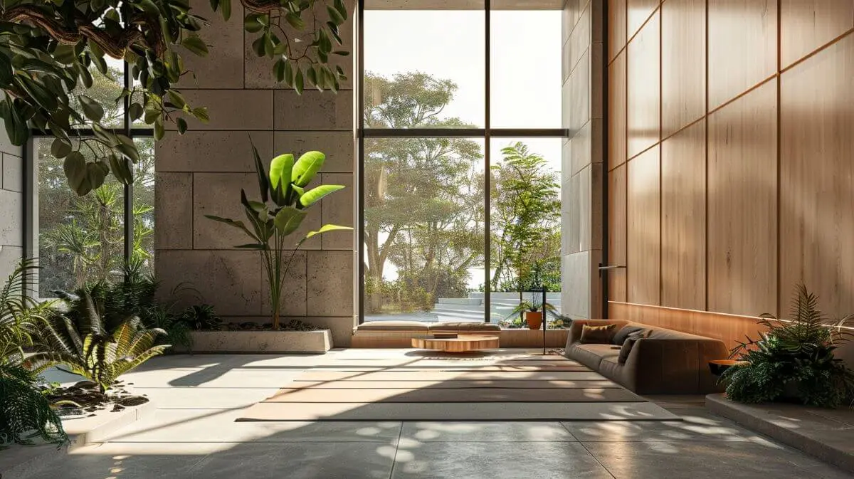 Modern interior with floor-to-ceiling windows, timber finishes, and indoor plants creating a biophilic environment