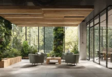 Modern office interior featuring natural daylight, vertical greenery, timber ceiling panels, and views to surrounding trees