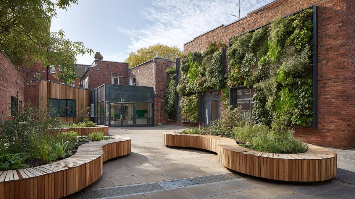 Urban UK school courtyard with curved timber benches, green wall, and native planting in a biophilic retrofit design