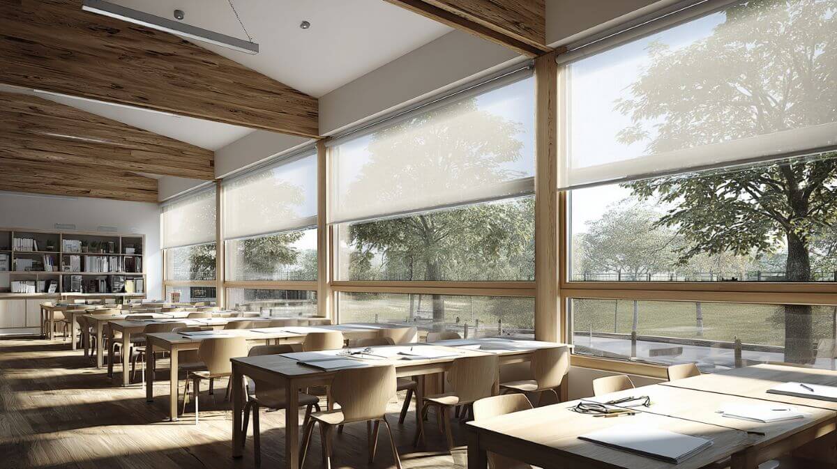 UK primary school classroom with large windows, timber beams, and natural daylight overlooking trees