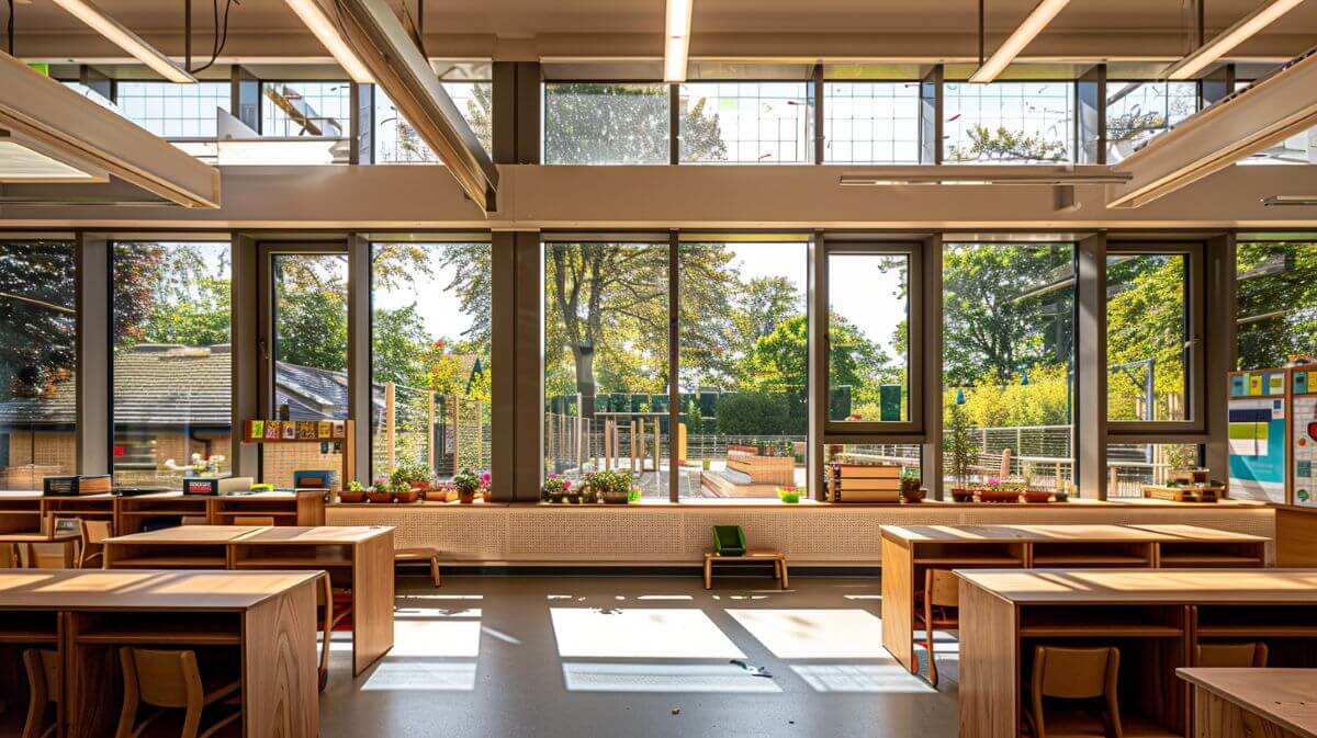 Primary school classroom with large windows, natural daylight, and views of greenery supporting biophilic learning environments