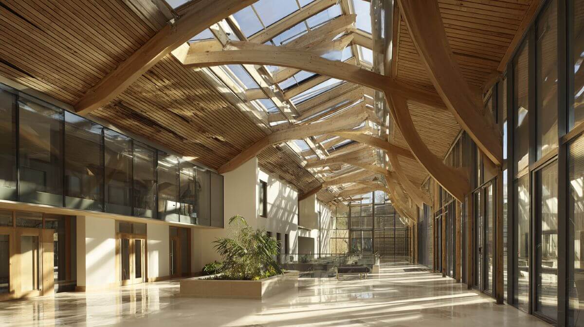 Timber-framed interior hall with roof glazing and abundant natural light