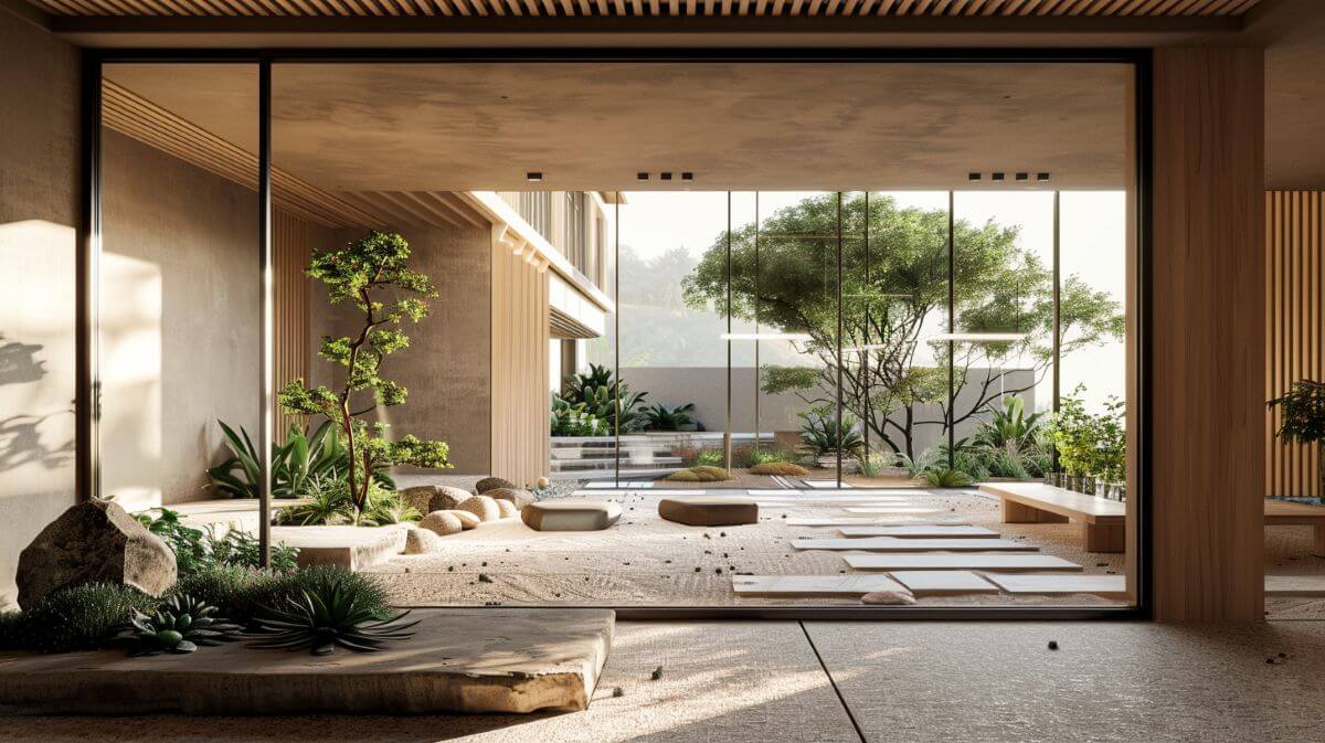 Minimalist interior courtyard with trees, natural stone, daylight, and indoor planting demonstrating biophilic design principle