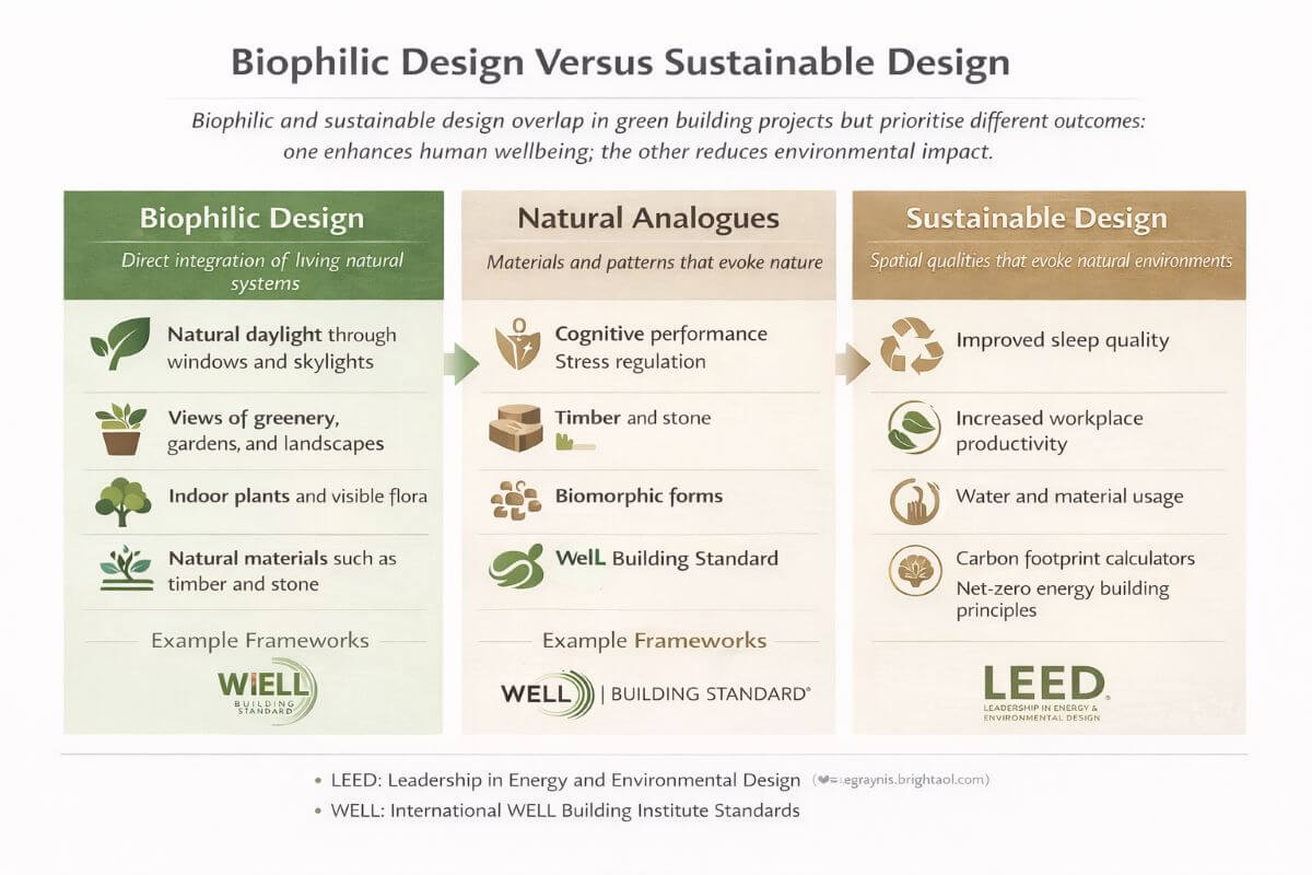 Graphic comparing biophilic design and sustainable design, outlining focus areas such as human wellbeing, natural materials, and environmental impact reduction