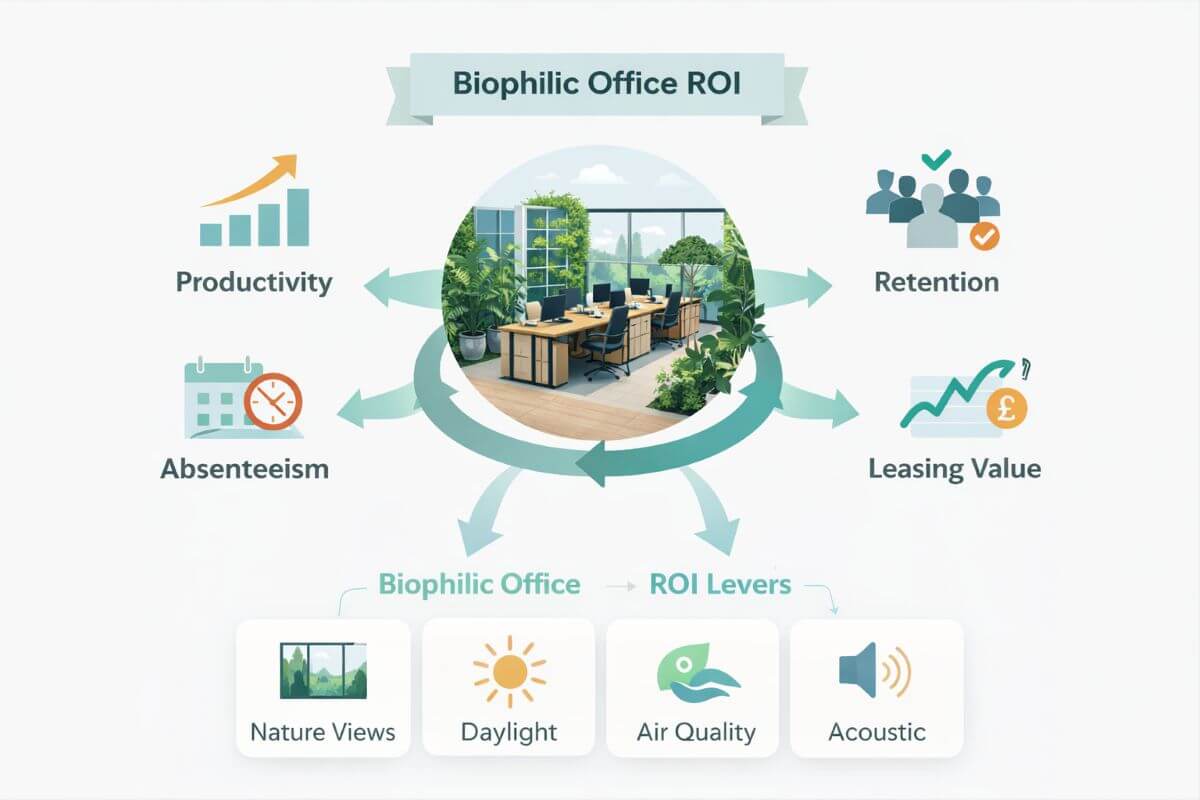 Infographic showing biophilic office ROI levers—nature views, daylight, air quality, acoustics—driving productivity, retention, reduced absenteeism, and leasing value