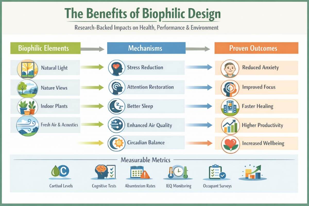 Infographic of the Benefits of Biophilic Design showing natural light and plants leading to stress reduction, improved focus, faster healing, and measurable wellbeing metrics