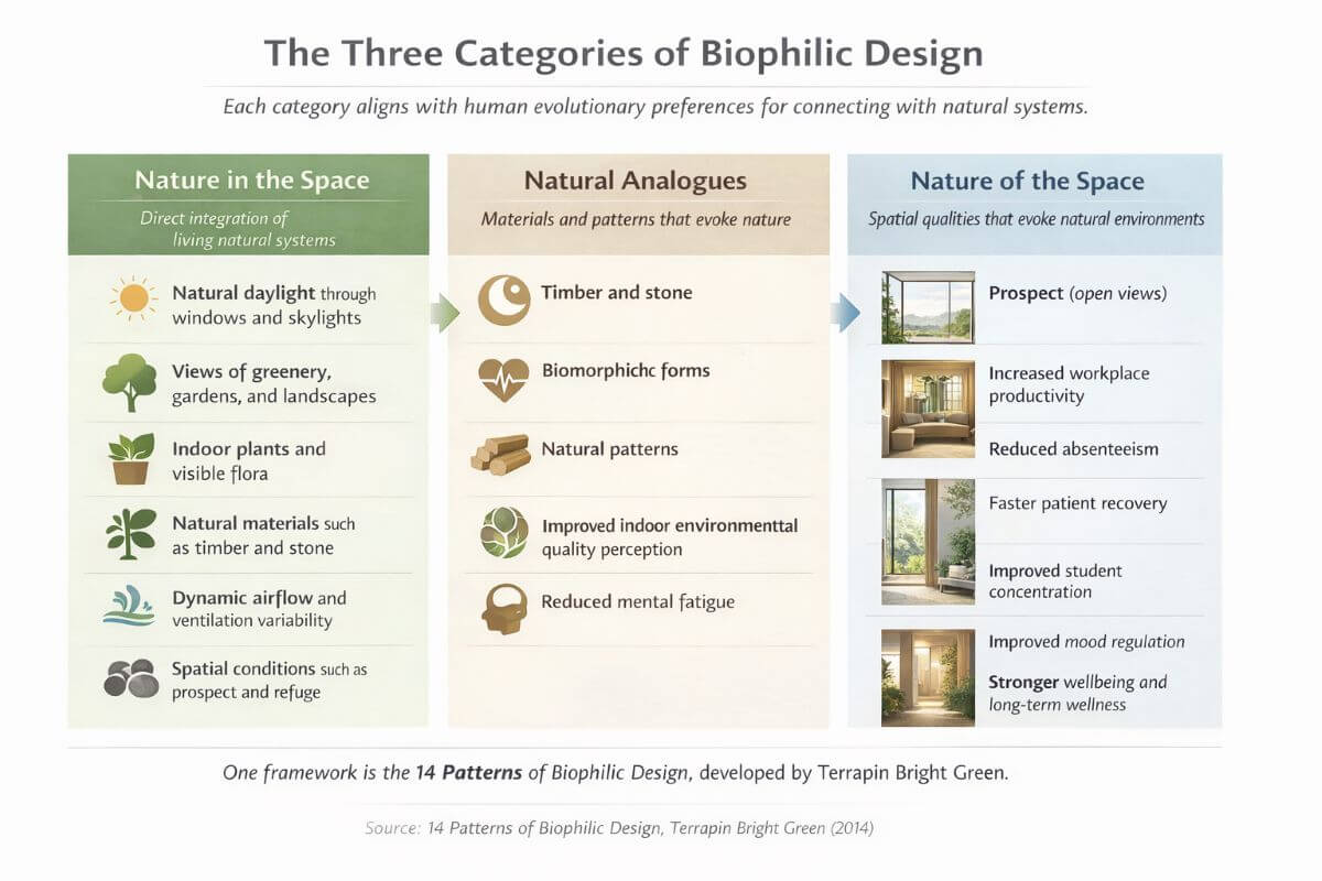 Infographic illustrating the three categories of biophilic design: Nature in the Space, Natural Analogues, and Nature of the Space