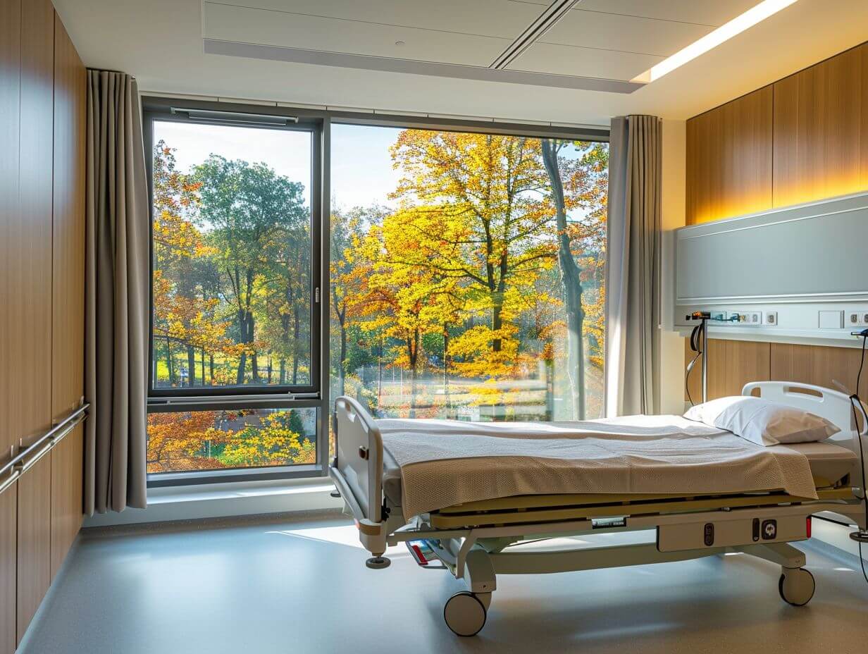 Hospital room with window view of trees