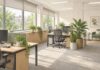 Conceptual office retrofit with tree views, controllable blinds, reused desks, freestanding plants and quieter seating.