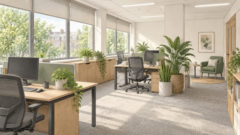 Conceptual office retrofit with tree views, controllable blinds, reused desks, freestanding plants and quieter seating.