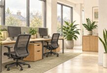 Illustrated office with potted foliage plants beside windows and a clear route between desks.
