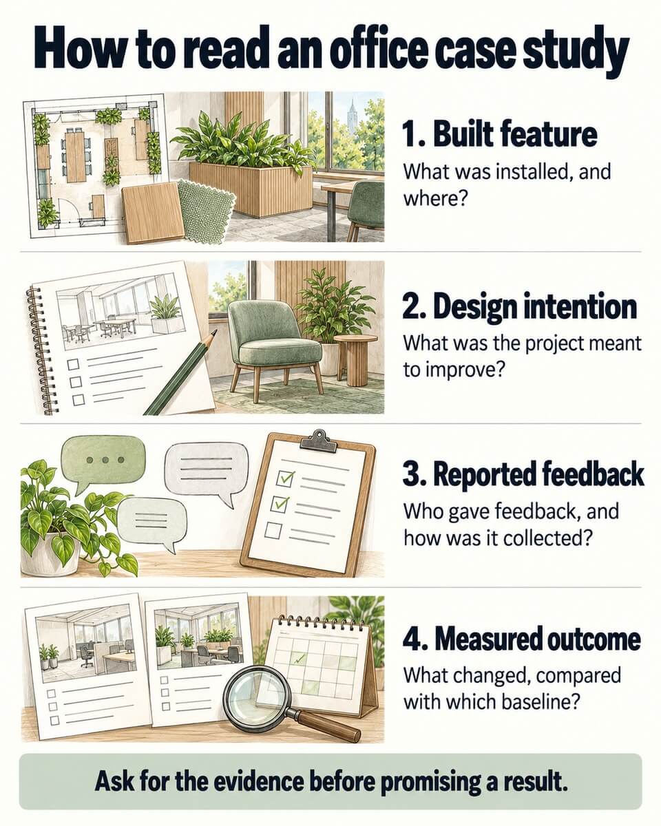 Four kinds of case-study evidence: built features, design intentions, reported feedback and measured outcomes.