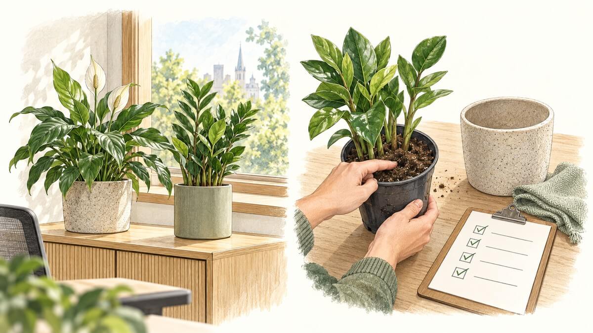 Illustration of office plants beside a window and a person checking compost in a nursery pot.