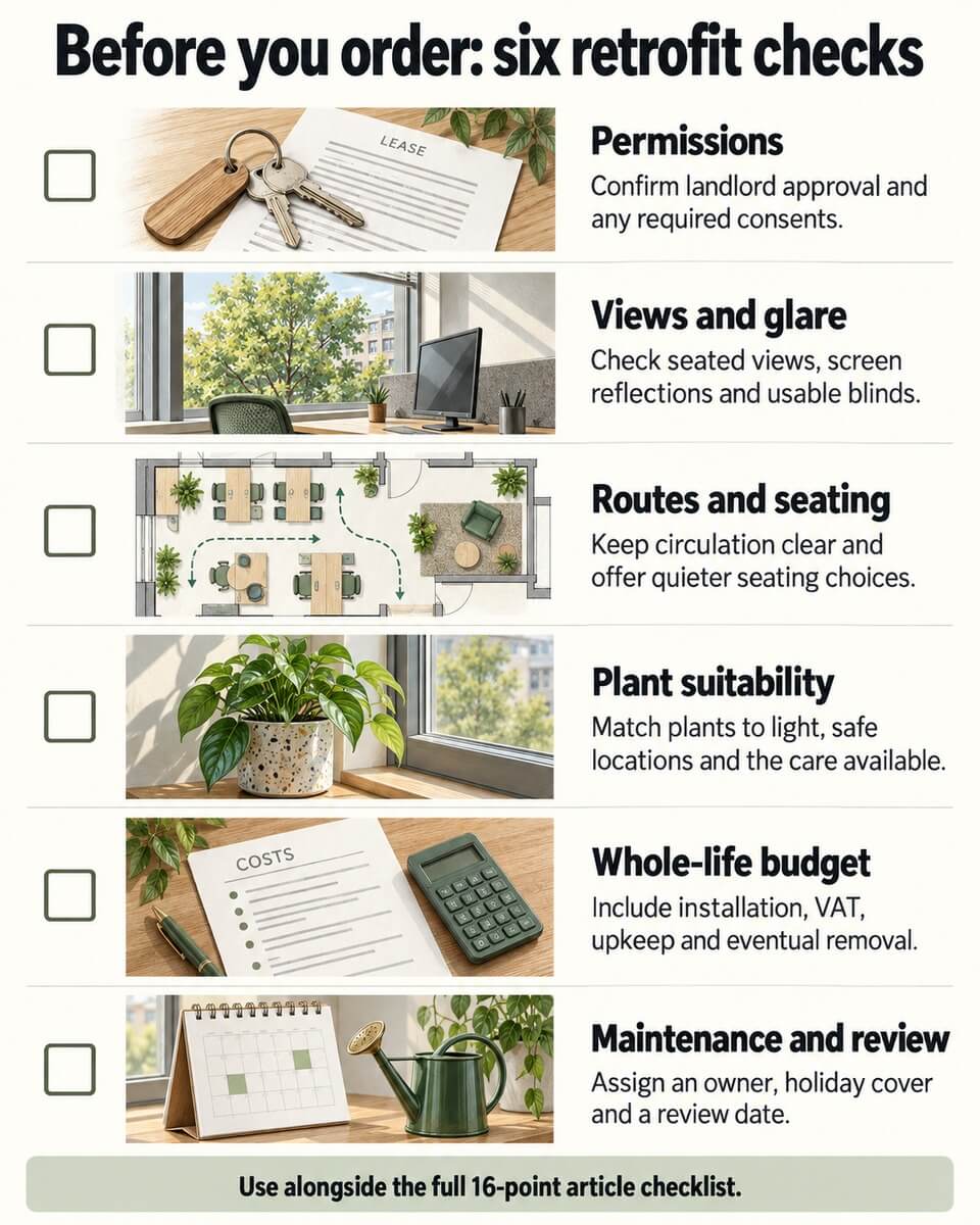 Six checks before ordering: permissions, views and glare, routes and seating, plant suitability, whole-life budget, and maintenance and review.