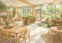 Concept illustration of a timber-furnished classroom with daylight and views into a school garden.
