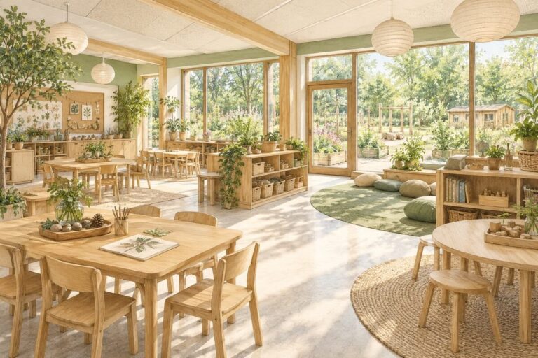 Concept illustration of a timber-furnished classroom with daylight and views into a school garden.