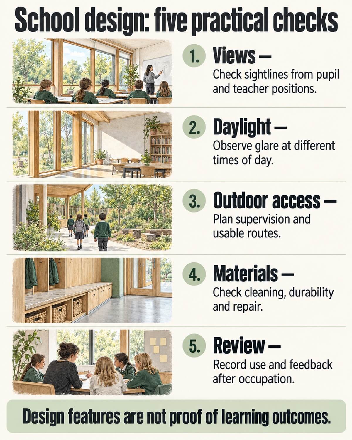 Five school design checks: views, daylight, outdoor access, materials and review.