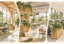Conceptual triptych of office daylight and timber, a planted coworking cafe, and desk-edge planters.