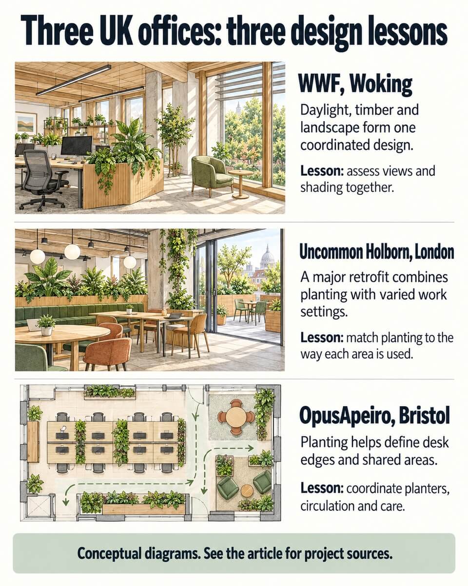 Conceptual diagrams summarising design lessons from WWF Woking, Uncommon Holborn and OpusApeiro Bristol.